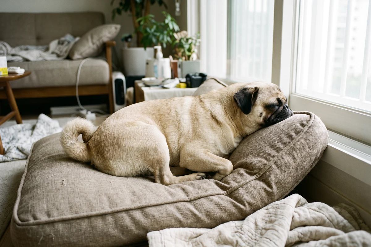 A Pug asleep on a cushion with its neck stretched out long, a sleeping posture worth watching alongside brachycephalic dog breathing rate