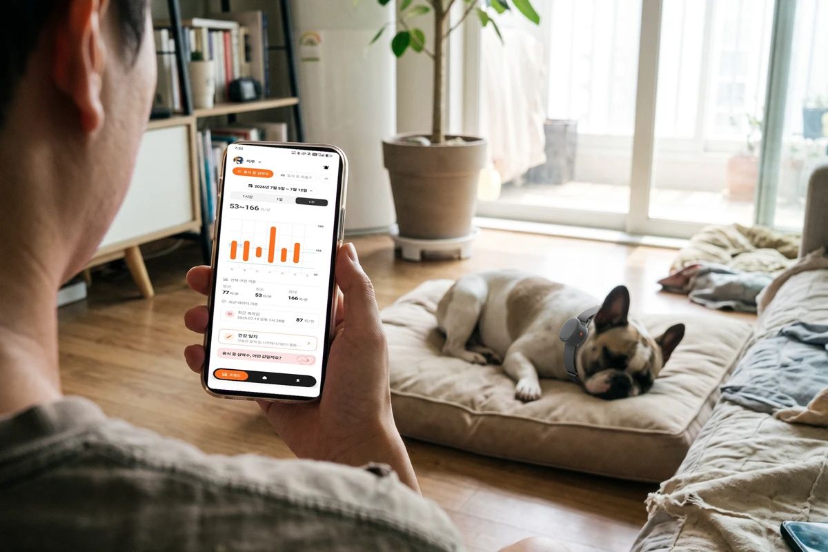 An owner checking a daily trend chart in the app while their dog sleeps nearby, tracking brachycephalic dog breathing rate