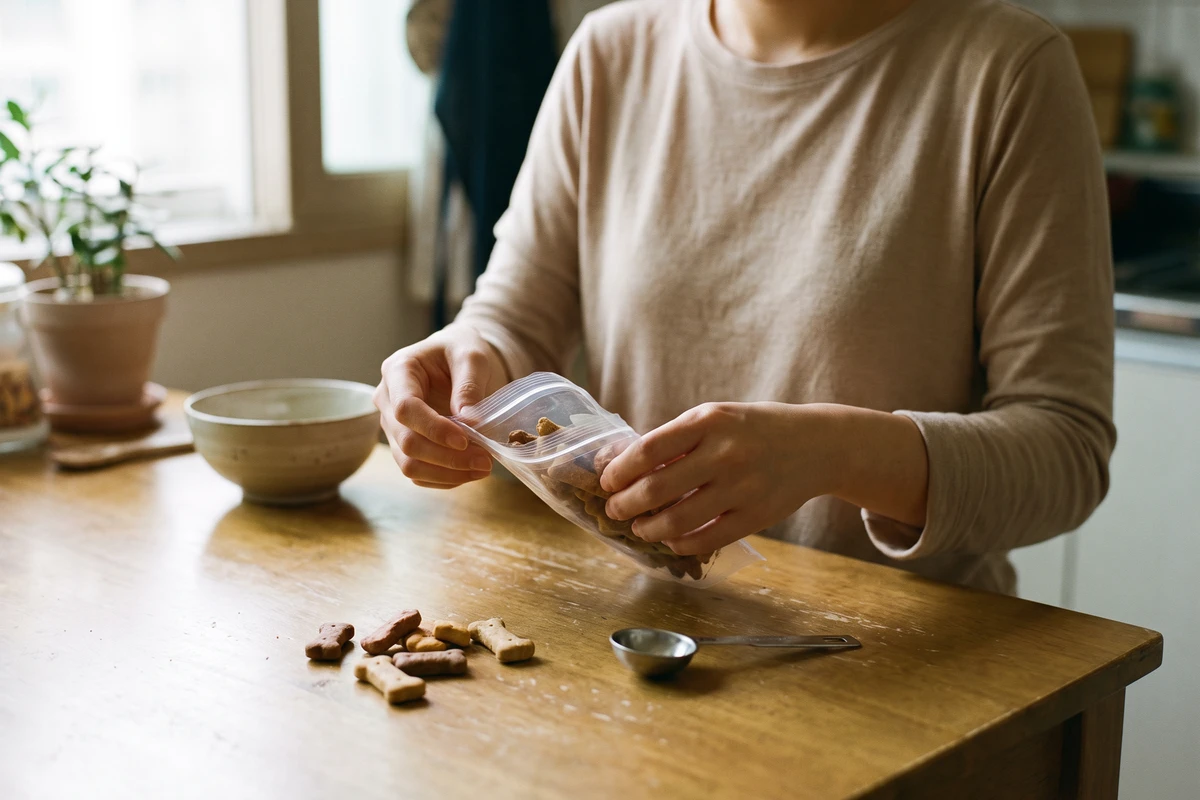 Hands checking the ingredient label on a bag of dog treats at a bright kitchen table, a scene of reviewing sodium intake while caring for a dog with heart disease