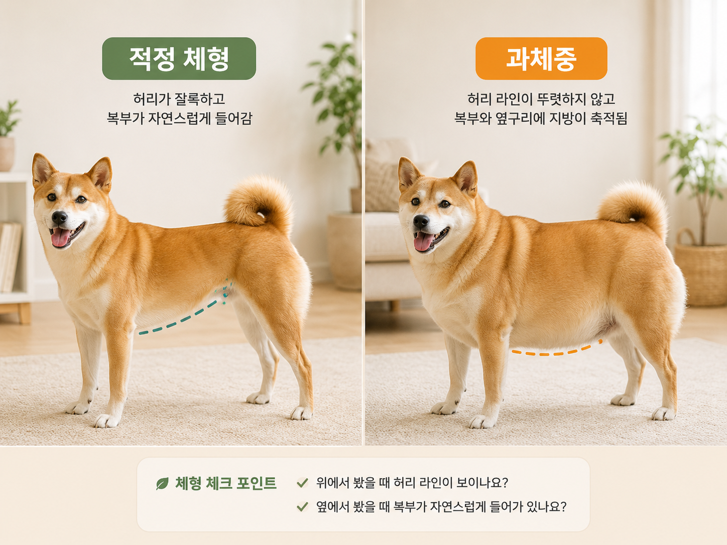 적정 체형과 과체중 체형을 나란히 비교한 강아지 비만 체형 참고 이미지
