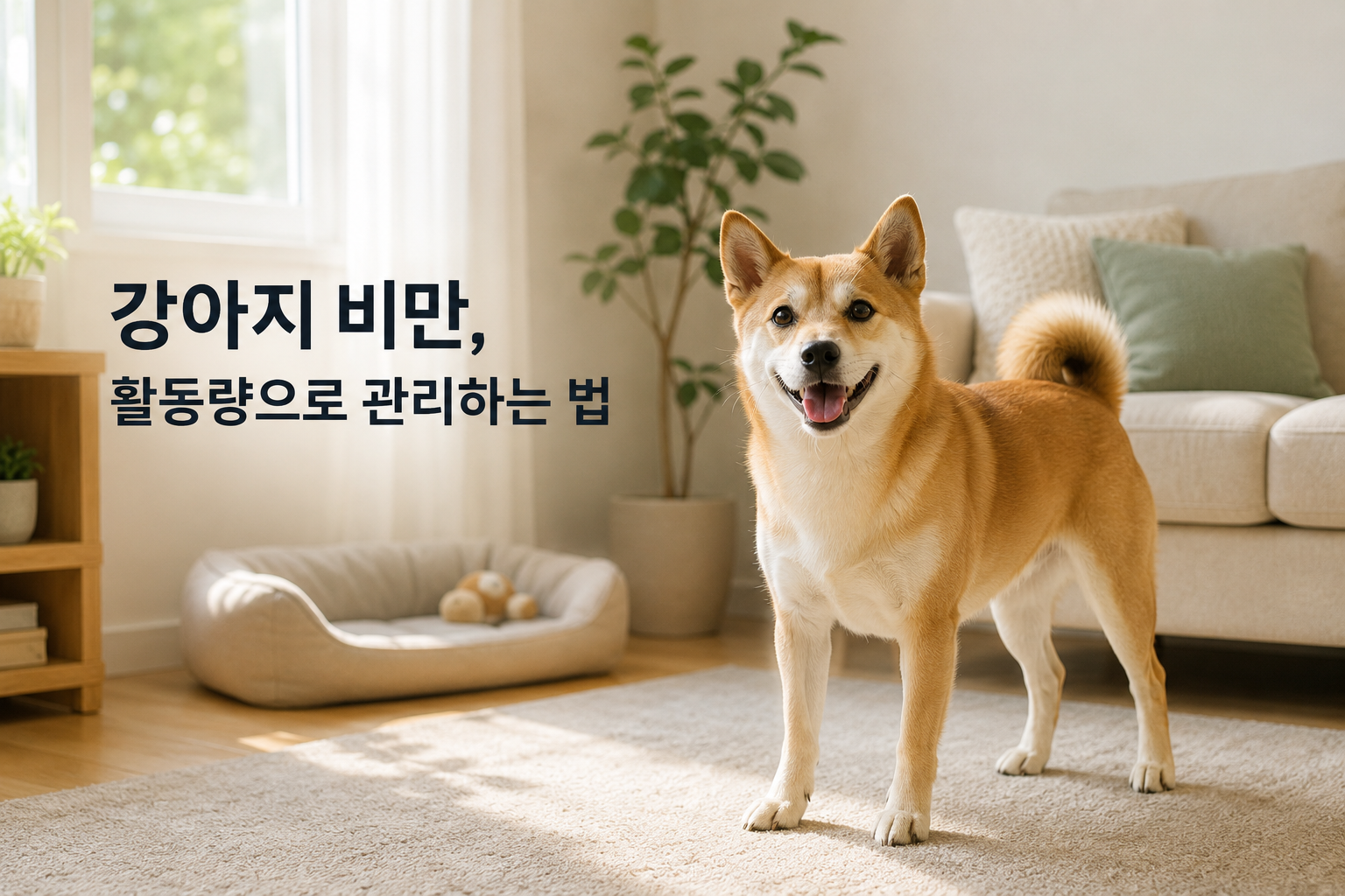 밝은 거실에서 건강한 체형으로 서 있는 반려견의 모습, 강아지 비만 관리의 시작은 적정 체형 파악입니다