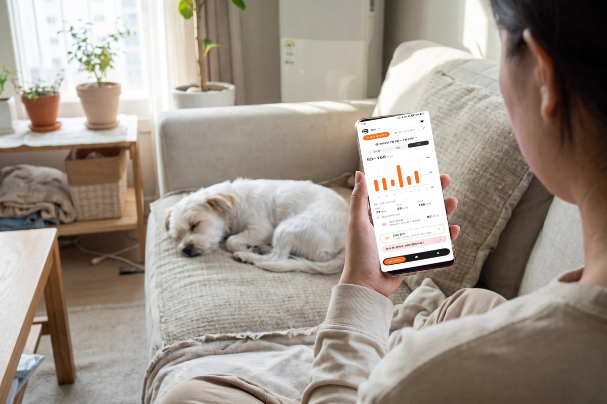 An owner on a sofa looking at a phone while a small dog dozes nearby, checking a dog's resting heart rate graph for the day