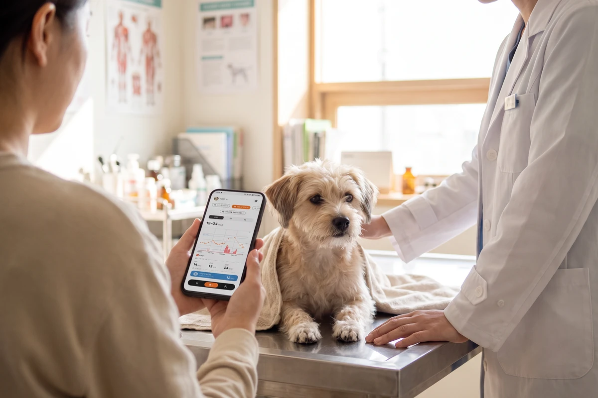 An owner showing a phone record to a veterinarian in a bright clinic room with a calm dog on the table