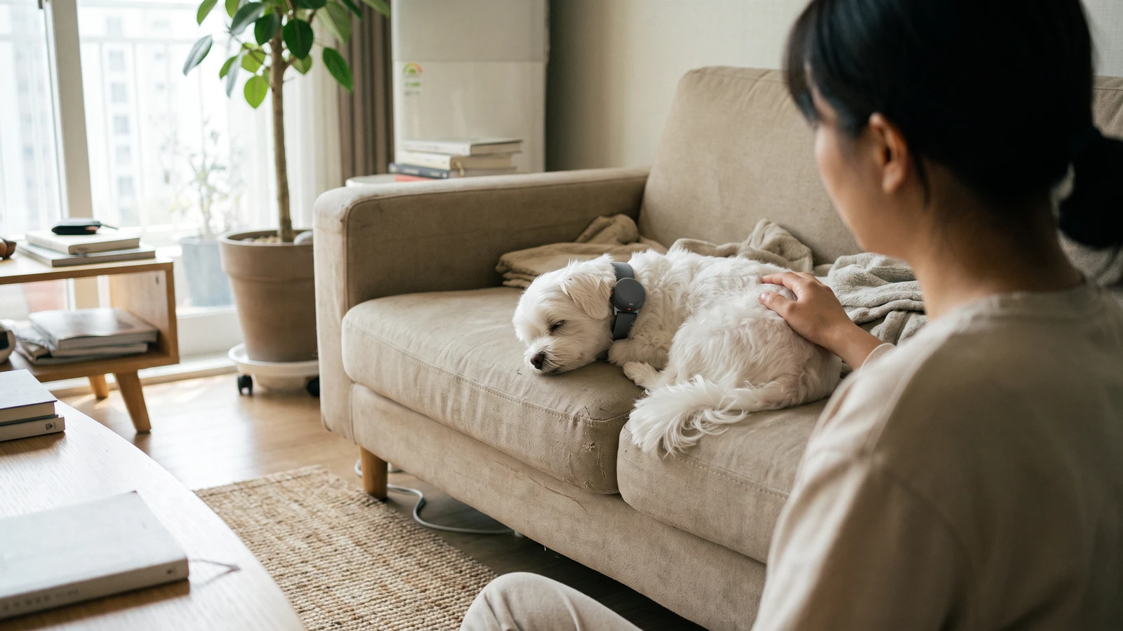 A small dog asleep on a bright living room sofa with an owner sitting beside it, illustrating how to read a dog's resting heart rate