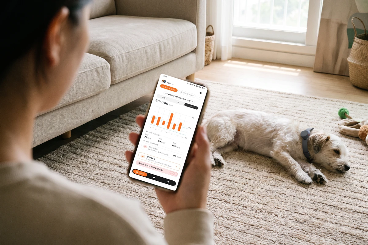 An owner checking a phone screen in a bright living room while a small dog rests nearby, reviewing a dog's resting heart rate in the app