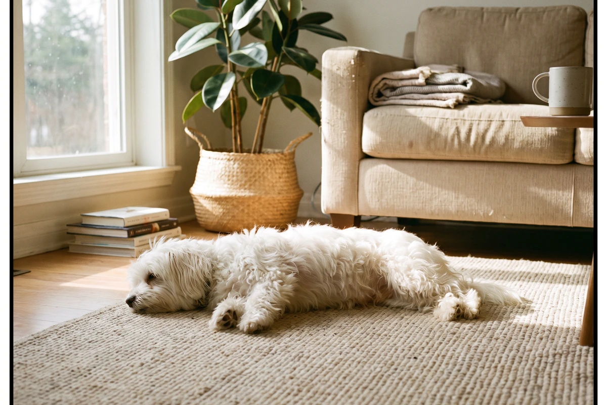 A small dog stretched out relaxed on a rug in a bright living room, contrasting home readings with clinic readings