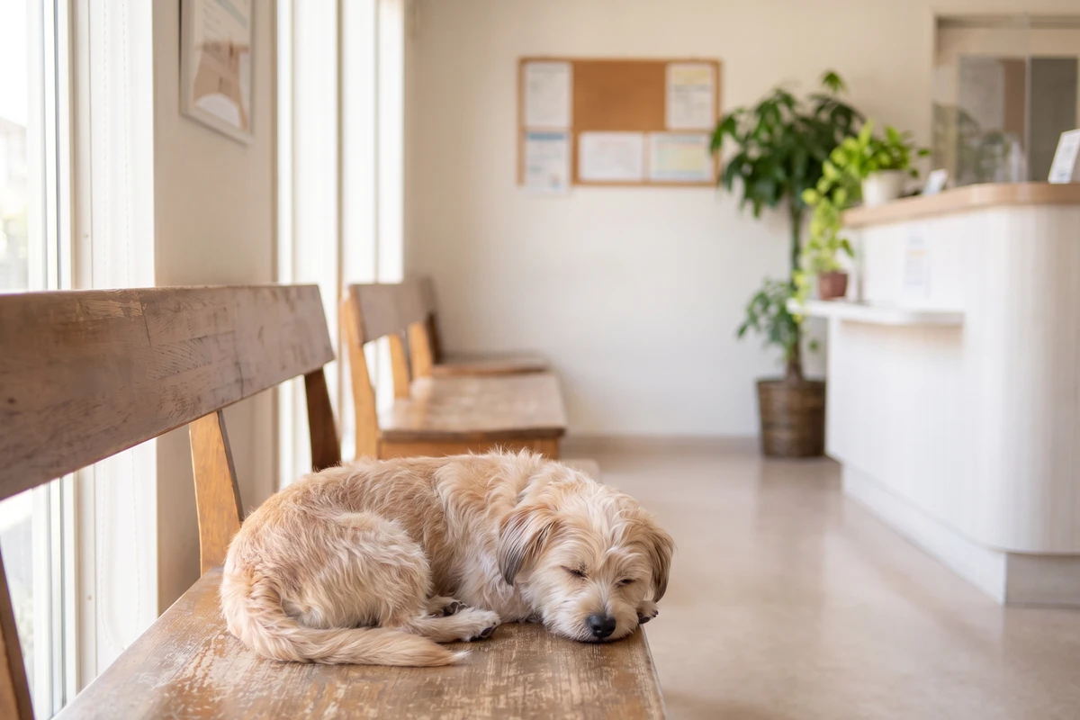 A dog resting on an owner's lap on a bench in a quiet, bright veterinary waiting area during acclimation time