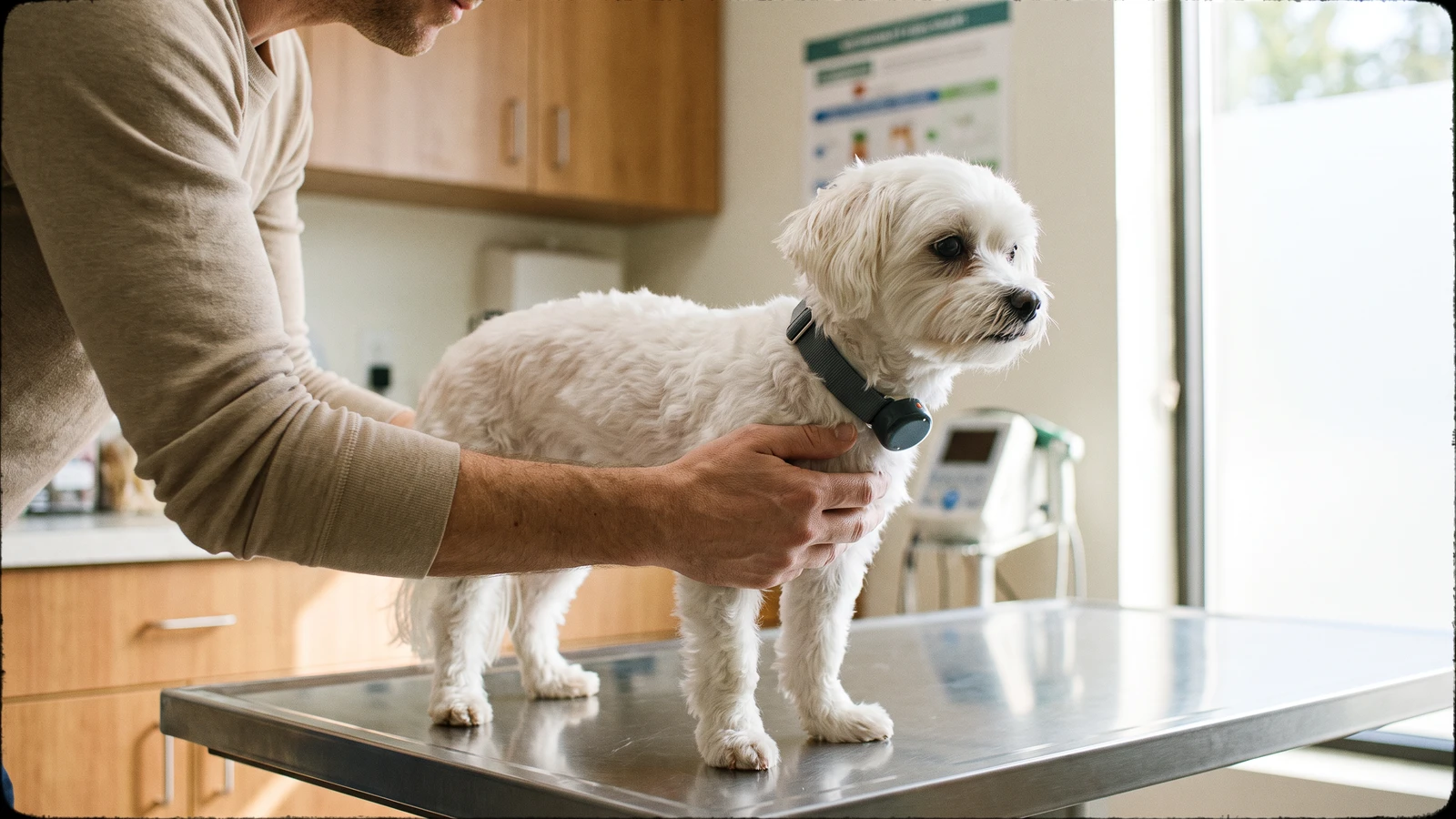 An owner steadying a tense small dog on a veterinary examination table, illustrating why a dog's heart rate rises at the vet