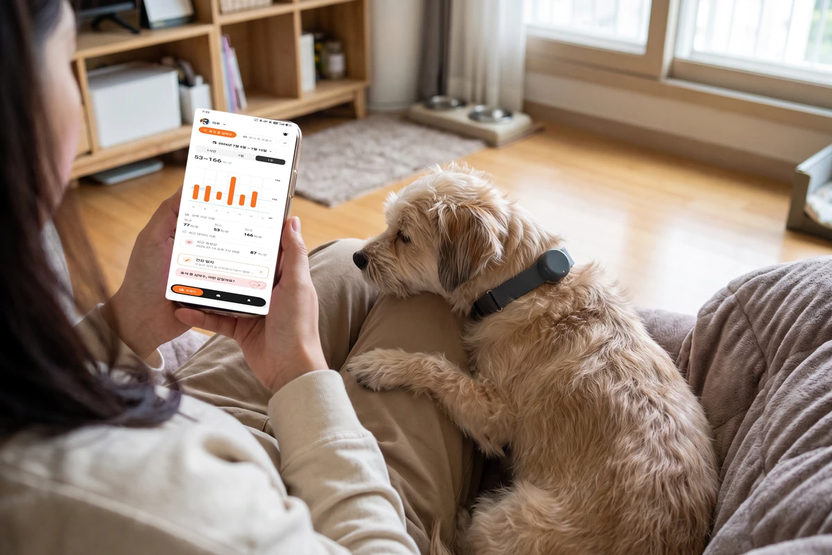 An owner holding their dog on their lap while showing a phone with the dog's home health records
